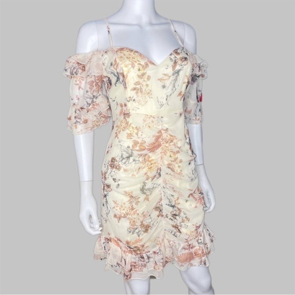 SBetro Off‎ The Shoulder Ivory Bohemian Ruched Floral Print Fitted Midi Dress